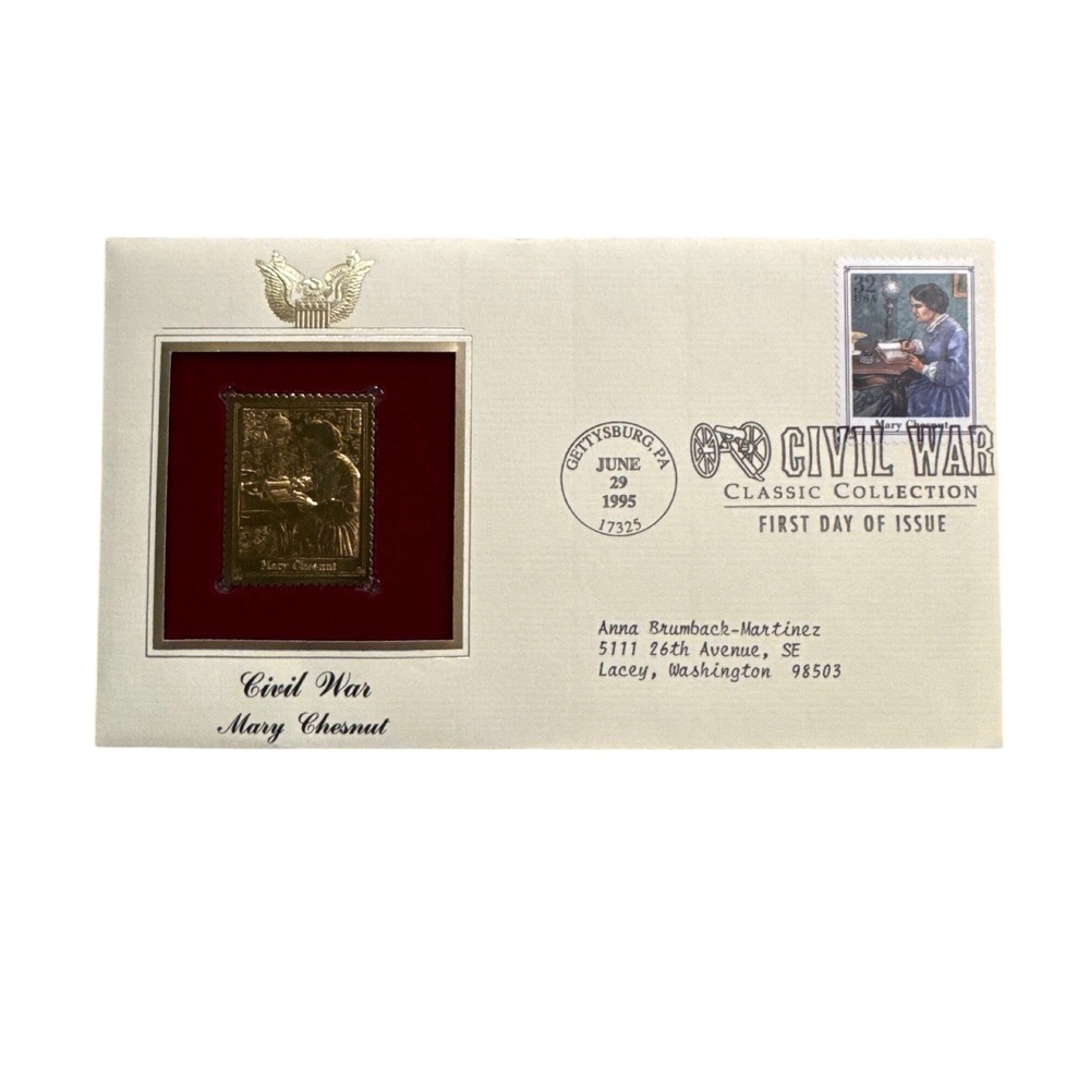 1995 Civil War Mary Chesnut 22kt Gold Stamp Replica First Day of Issue Cover